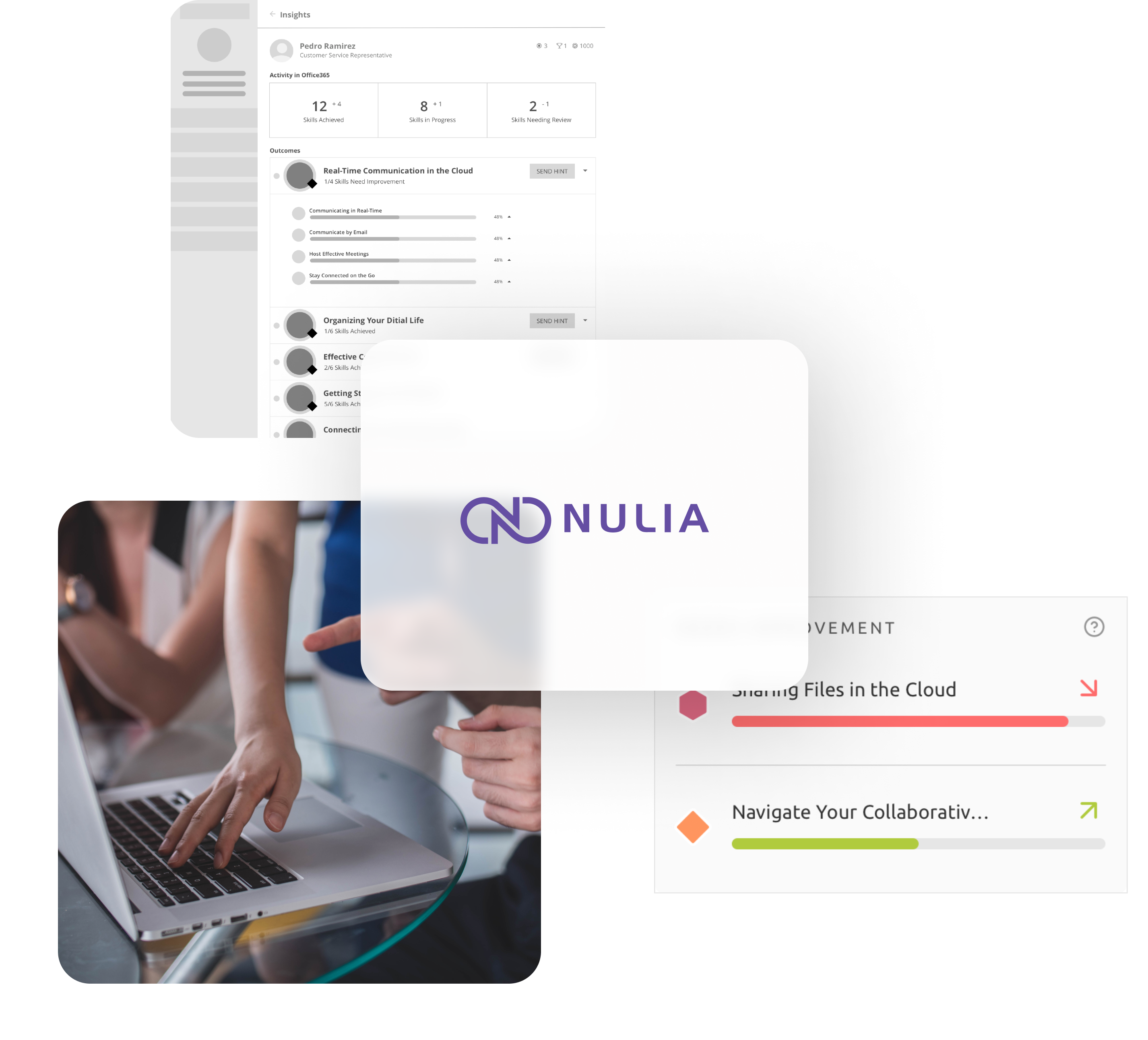 Collage of three images about Nulia, including progress screens, hands typing on laptop, and Nulia logo.