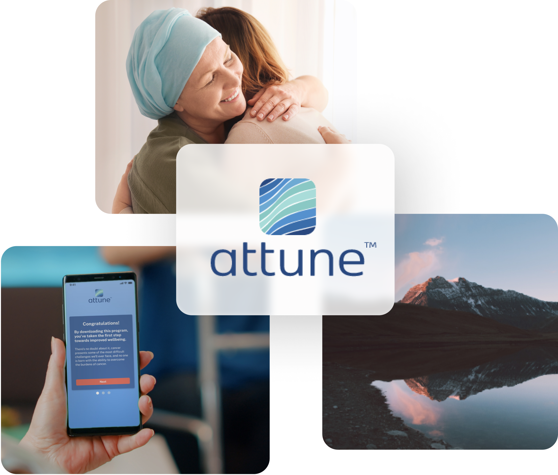 Collage of three images showing the attune mobile app, a woman in a headscarf hugging someone, and a calm mountain and lake scene.