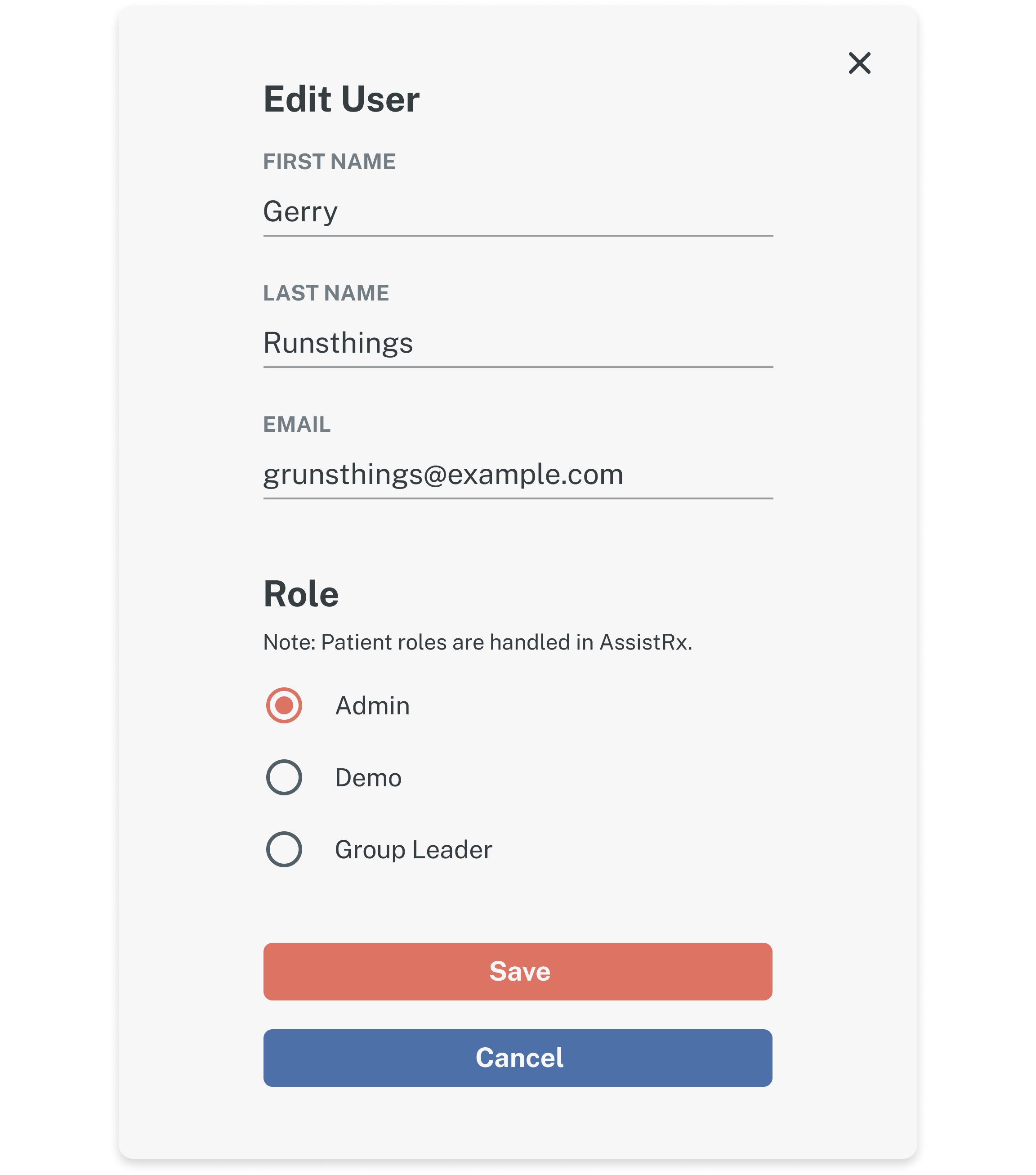 Edit user screen from attune mobile mental health app for cancer patients.