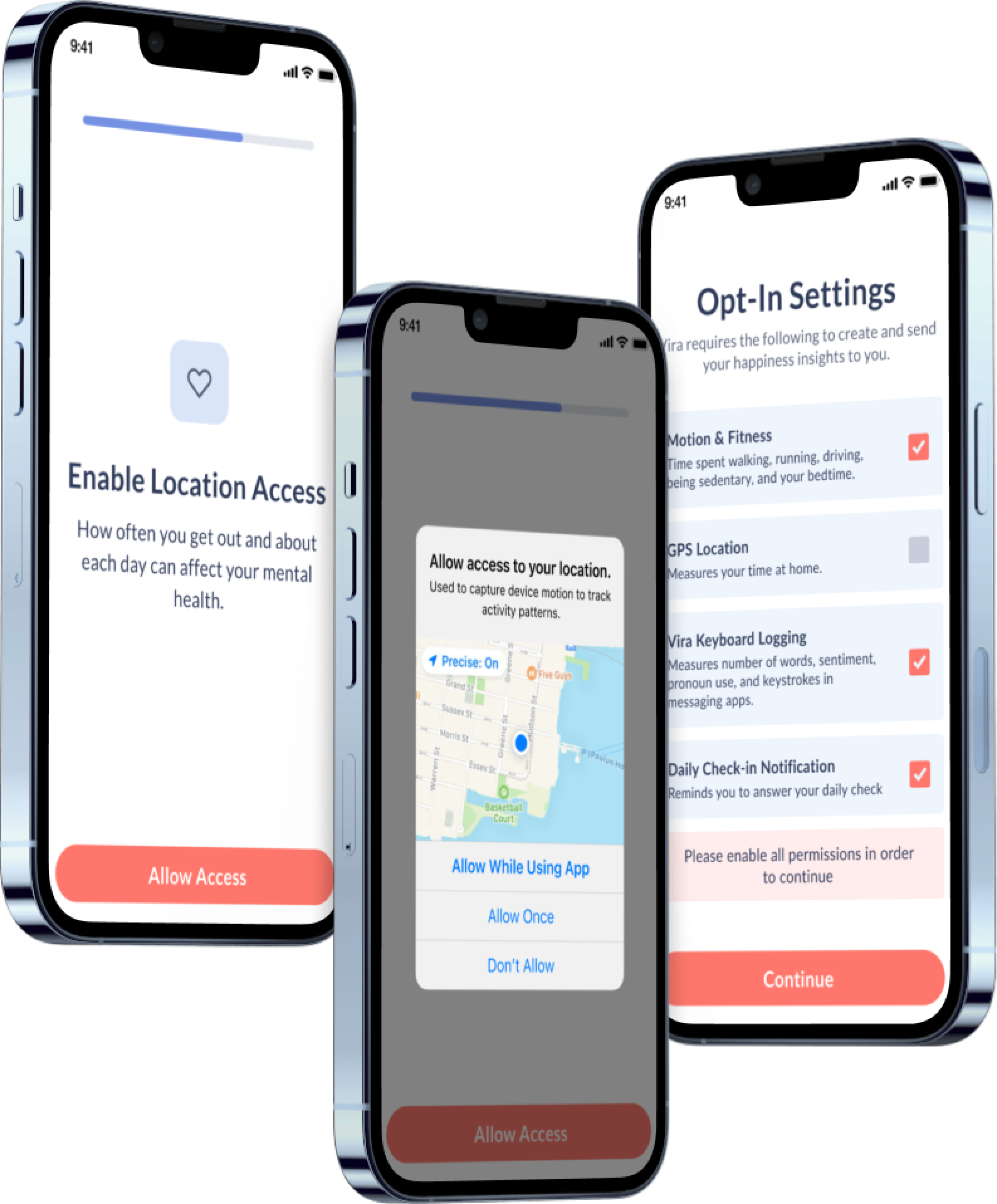 Three smartphones showing opt-in permission screens for Vira RPM mental health app from Ksana Health.