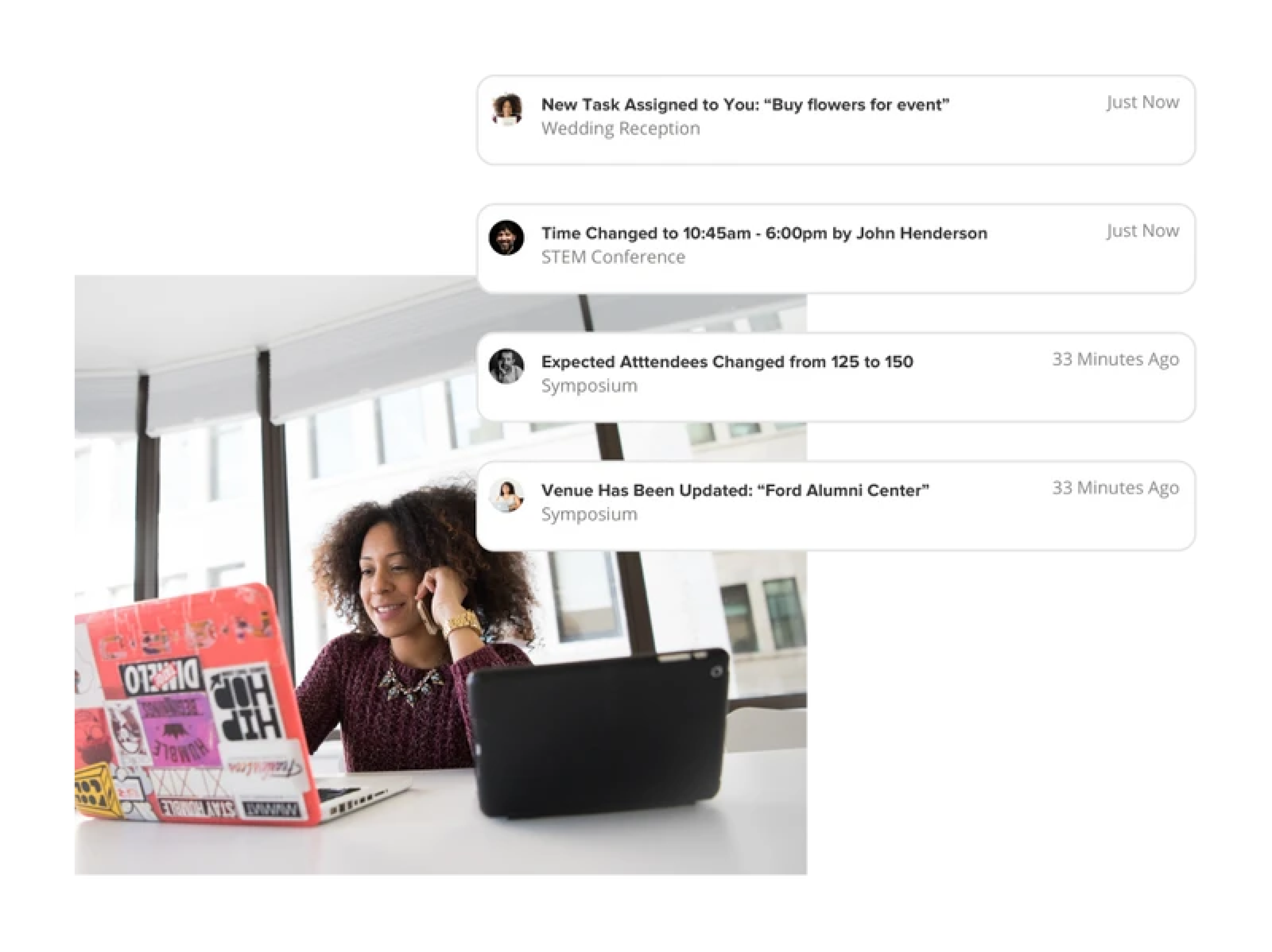 Woman sitting at table looking at two open laptops with notifications from Intrevent overlaid in corner of photo.