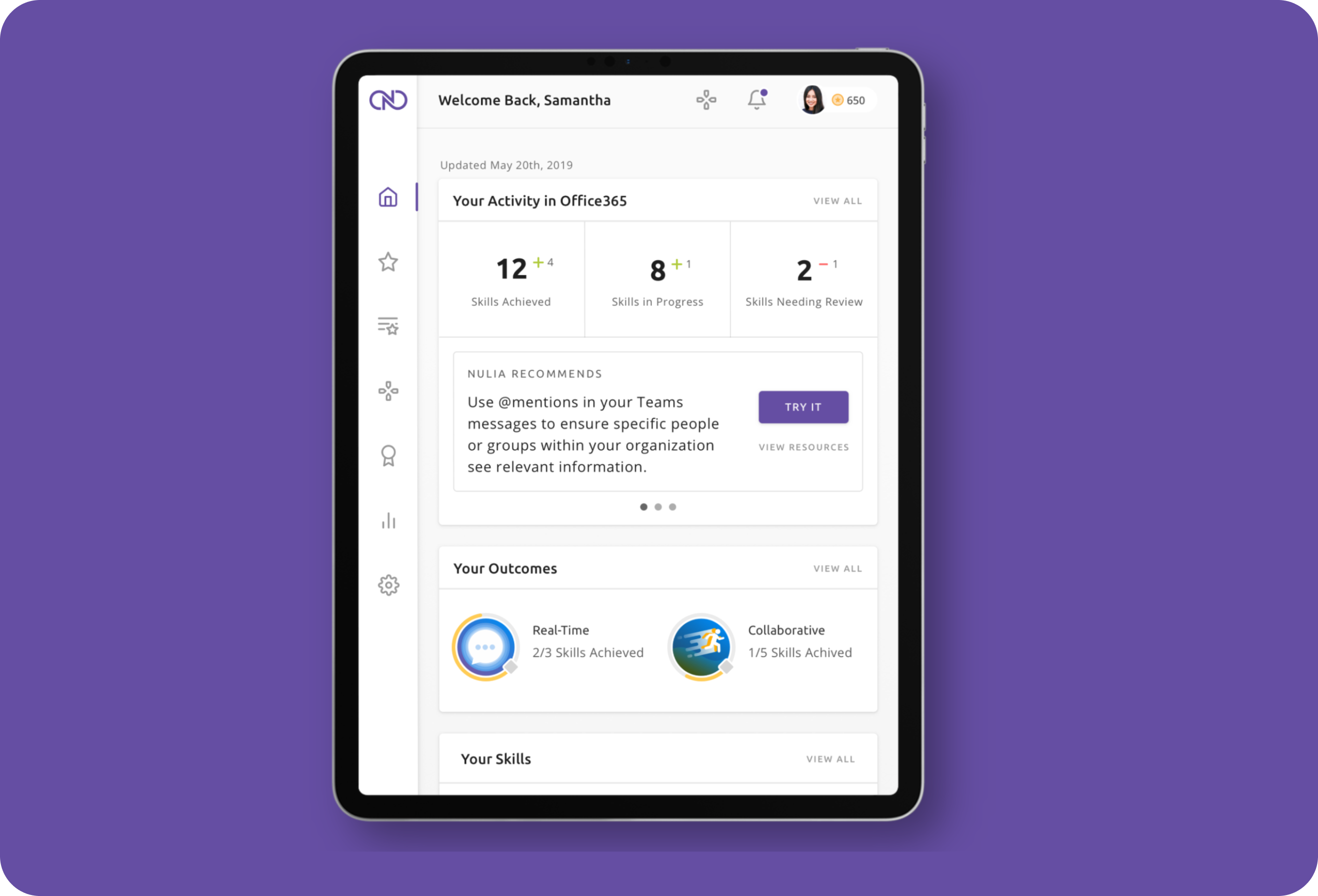 User activity screen from Nulia Microsoft Office productivity enablement platform.