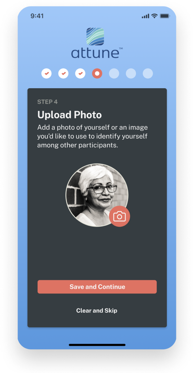 Onboarding screen from attune mobile app directing user to upload photo.