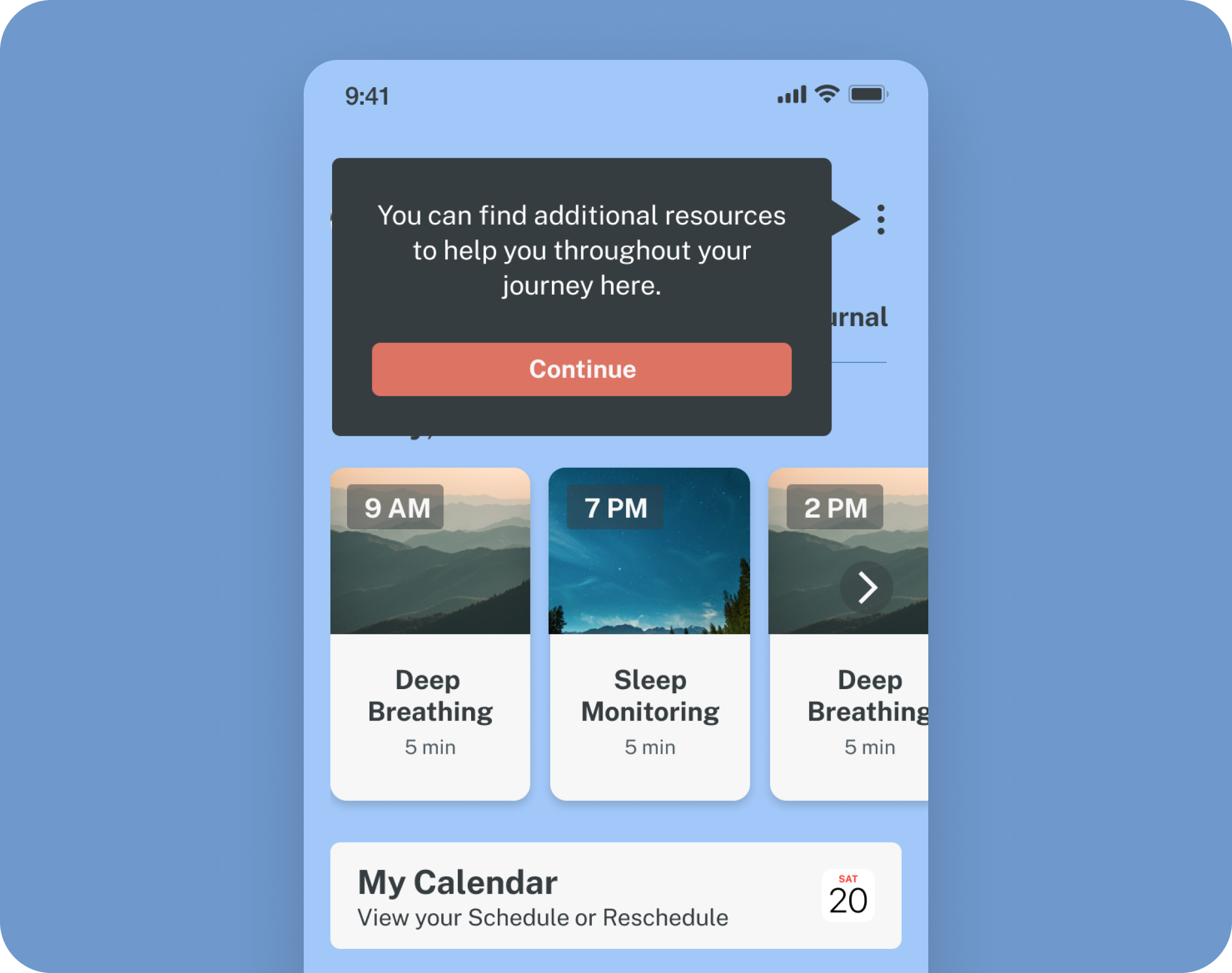 Activity screen from the feature tour of the attune mobile app by Blue Note Therapeutics.