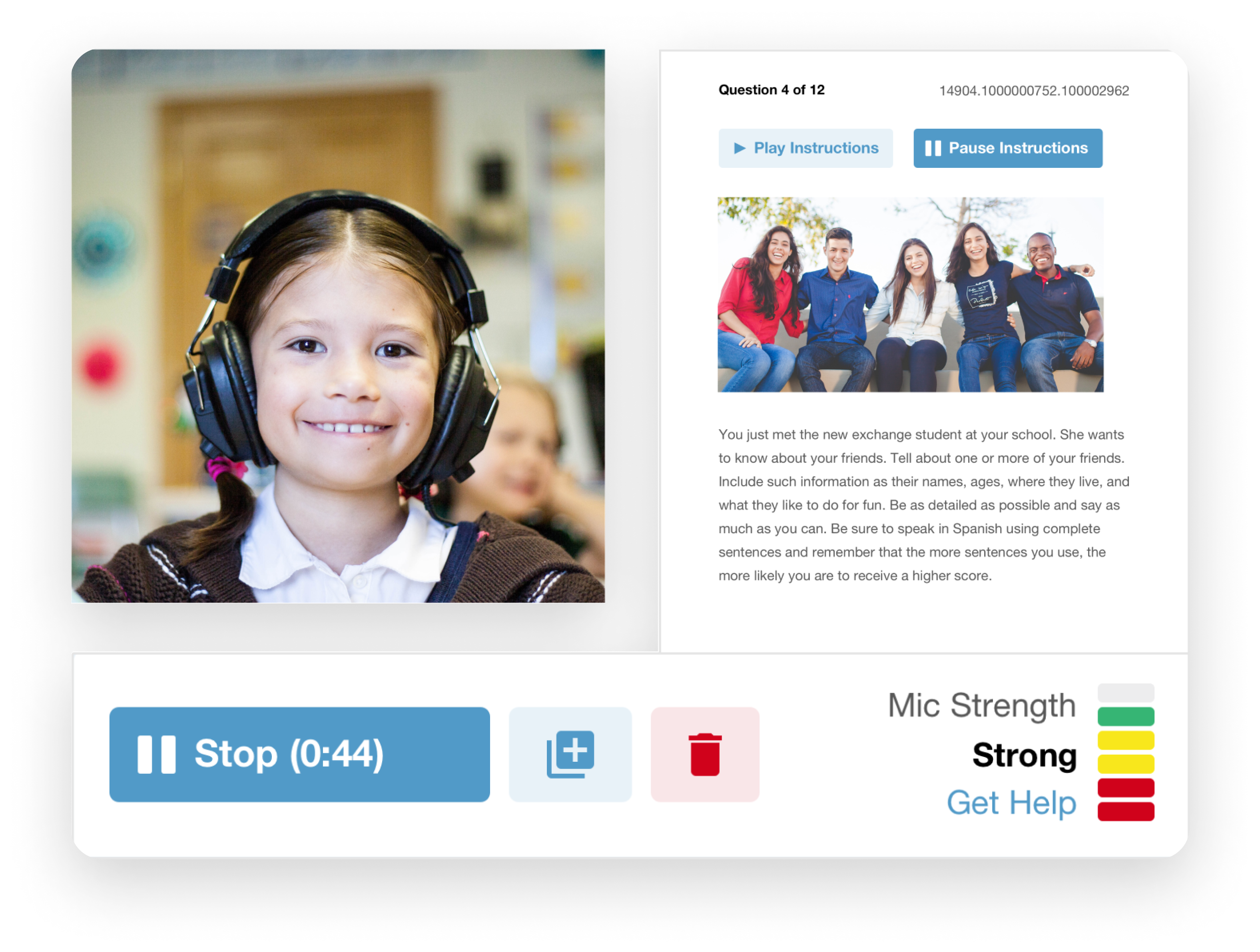 Audio language response prompt screen from Avant Assessment digital language testing platform.