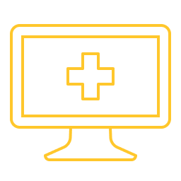 Yellow line drawing of desktop monitor with medical cross symbol on screen.