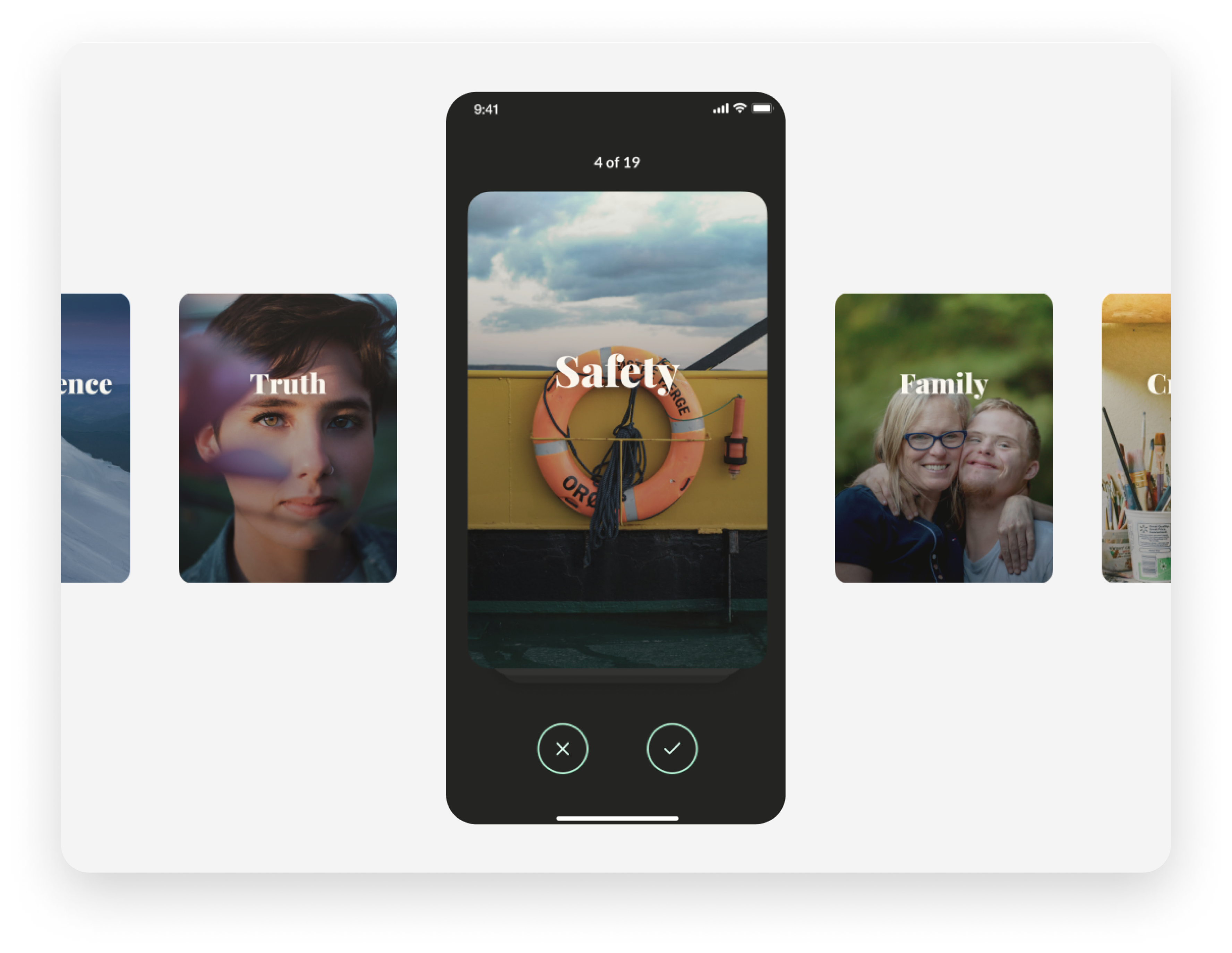 Mobile phone showing "Safety" and other motivation screens from Qlarity mobile mindfulness app.