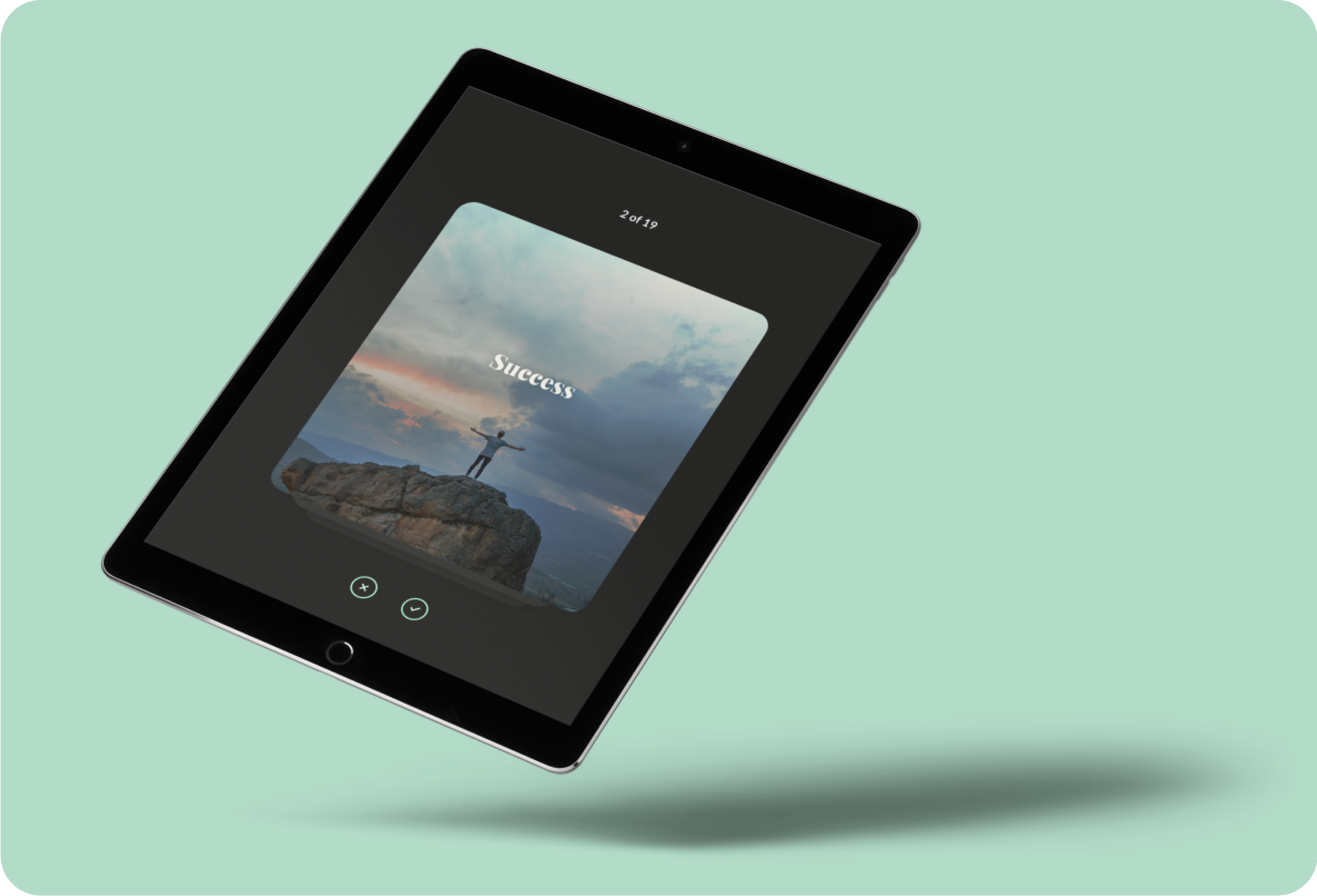 Tablet displaying "Success" screen from Qlarity mobile mindfulness app for adolescents.
