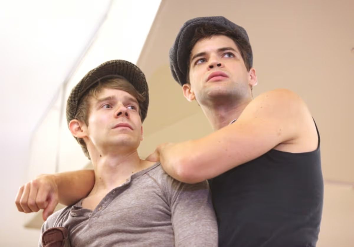 Andrew Keenan-Bolger and Jeremy Jordan in rehearsal for NEWSIES on Broadway