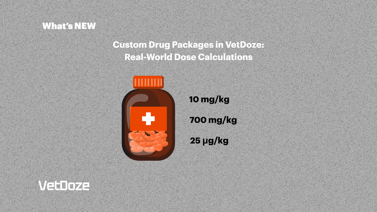 VetDoze feature announcement showing custom drug packages and the ability to save different drug concentrations for veterinary dose calculations.