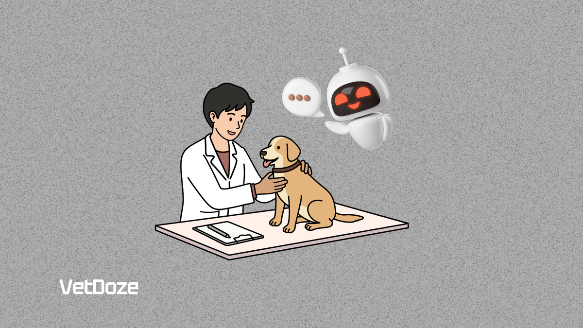 Illustration of a veterinarian examining a dog alongside an AI robot, representing the use of artificial intelligence in veterinary medicine.