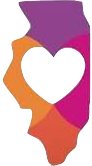 A multicolored Illinois shape with a heart in the center serving as the logo of SAFE IL