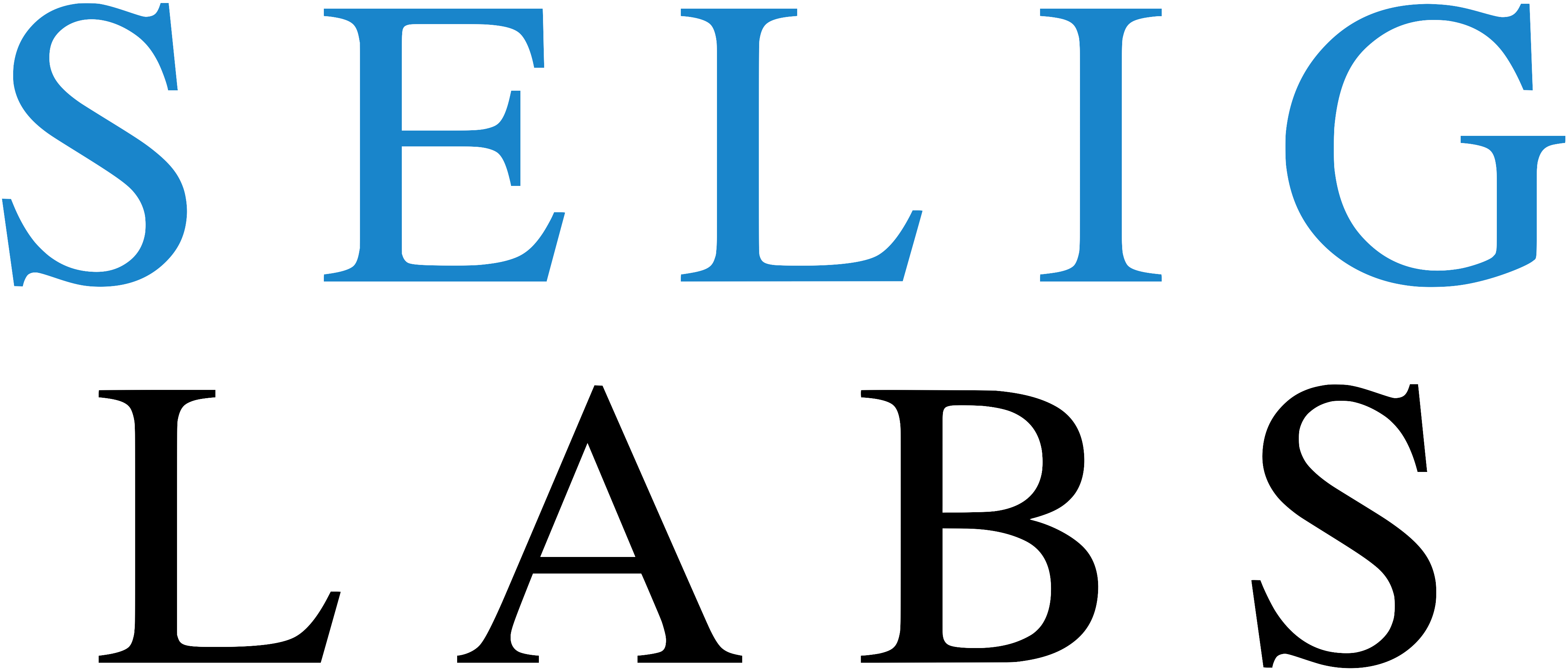 A blue Selig over a black labs serving as Selig Labs logo