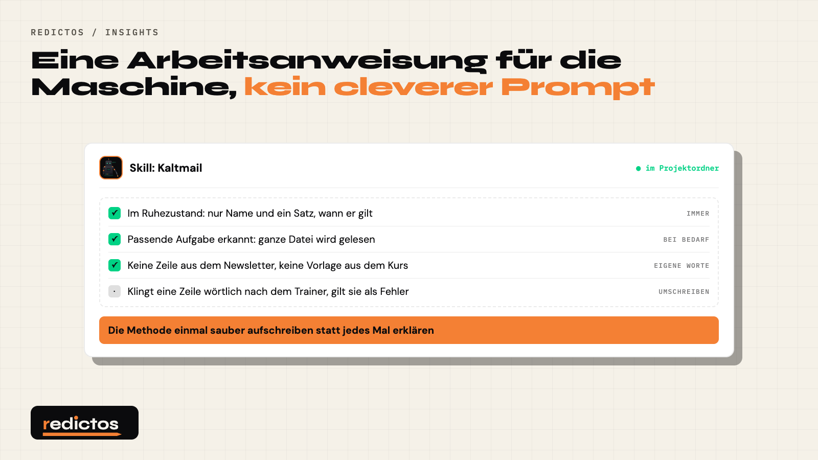 Wie ein Skill arbeitet: im Ruhezustand nur Name und ein Satz, bei passender Aufgabe wird die ganze Datei gelesen