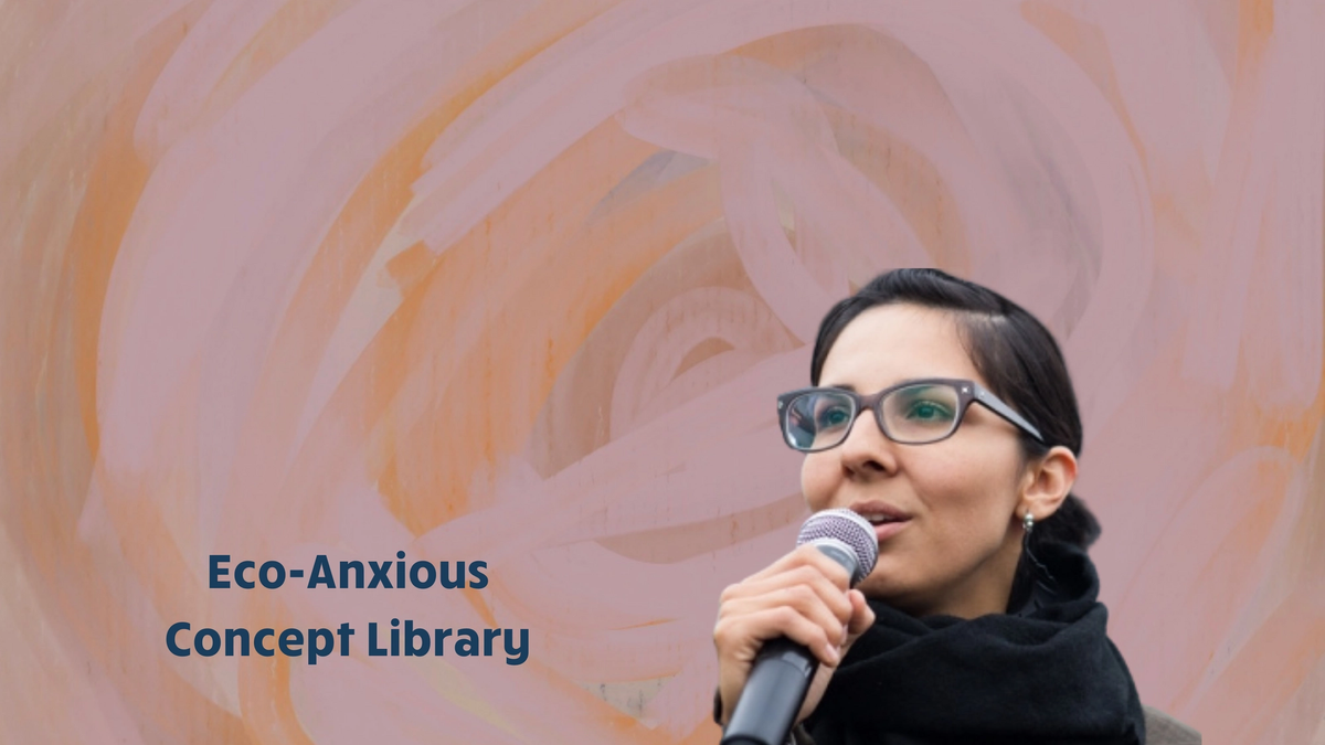 Image of Eriel Tchekwie Deranger speaking into a microphone, with the eco-anxious stories logo and the words "Eco-Anxious Concept Library"