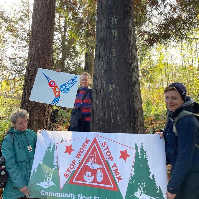 The author are her fellow land defenders holding a sign that reads Stop Work Stop TMX in front of a cedar tree