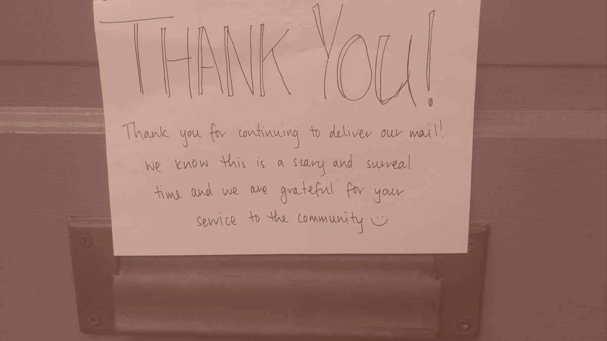 photo of a note saying: Thank You for continuing to deliver our mail!