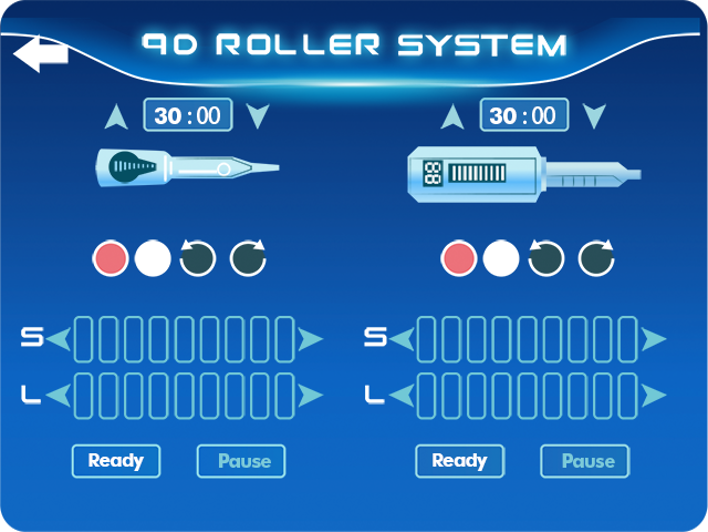 LX-CB-001 touchscreen showing facial and body handpiece controls