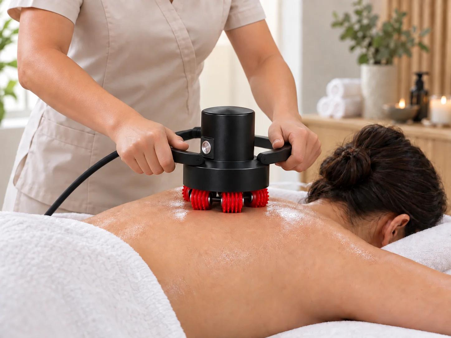 Large non-vacuum five-roller handpiece used across the upper back during a professional treatment