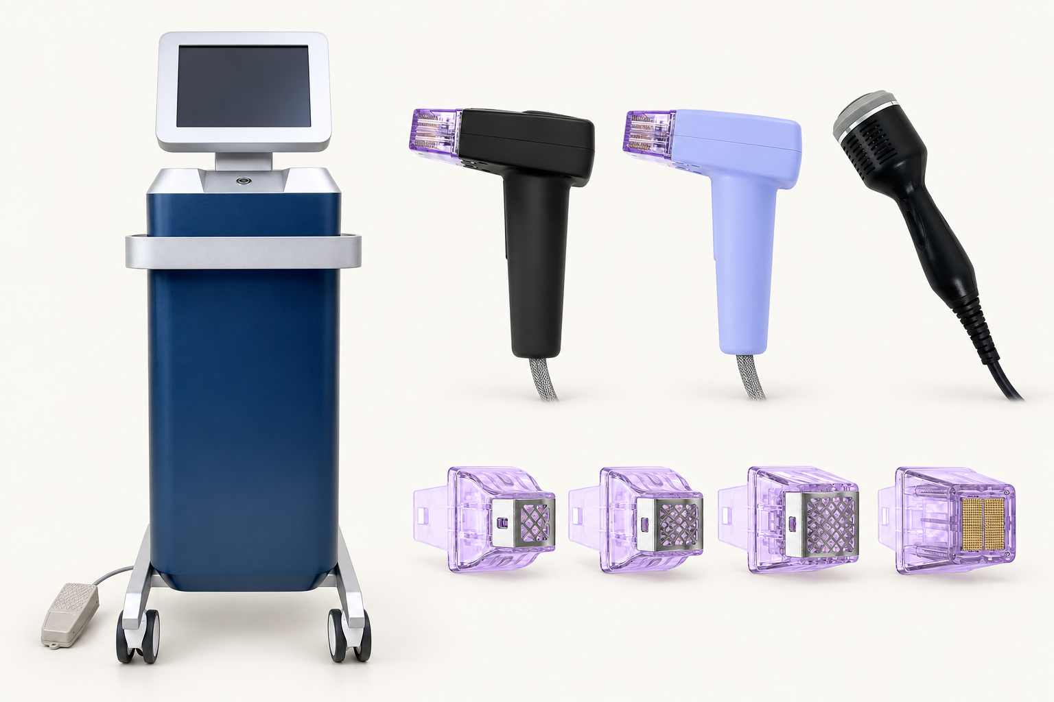 LX-FM-010 standard configuration with clean floor-standing console, black and lavender RF microneedling applicators, cold hammer, four treatment tips and foot pedal