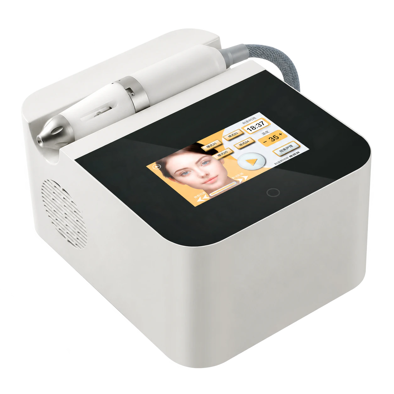 Compact LX-FM-002 tabletop needle-free serum infusion machine with touchscreen and integrated handpiece cradle
