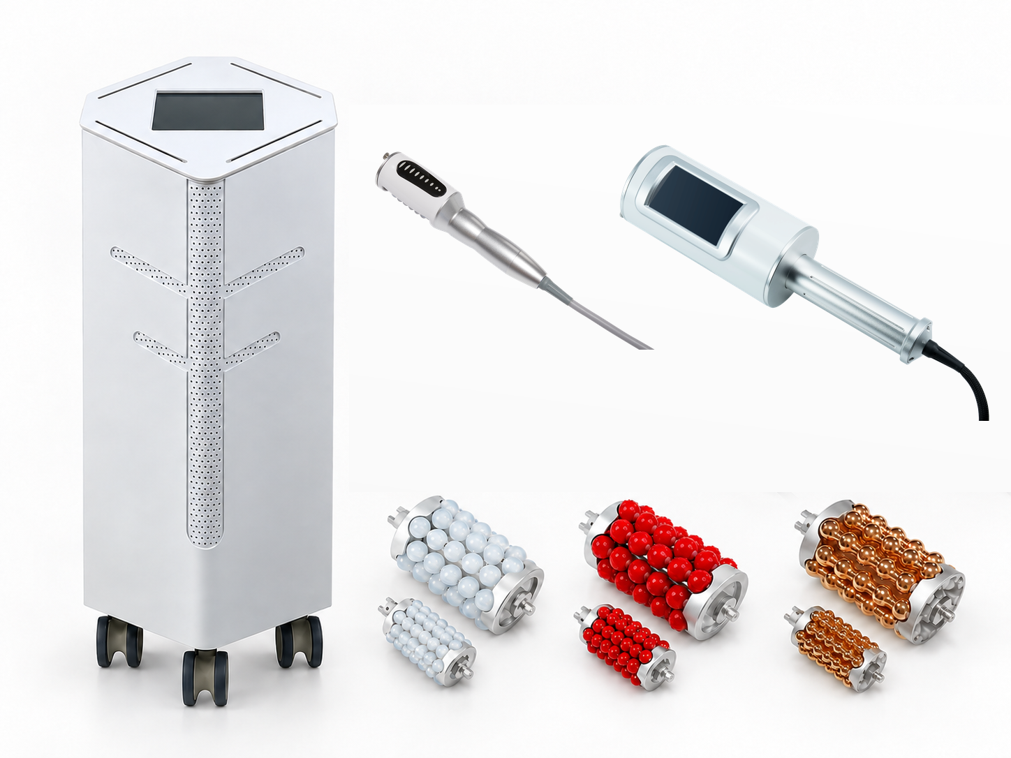 LX-CB-001 standard configuration with one main machine, one facial handpiece, one body handpiece and three roller insert sets