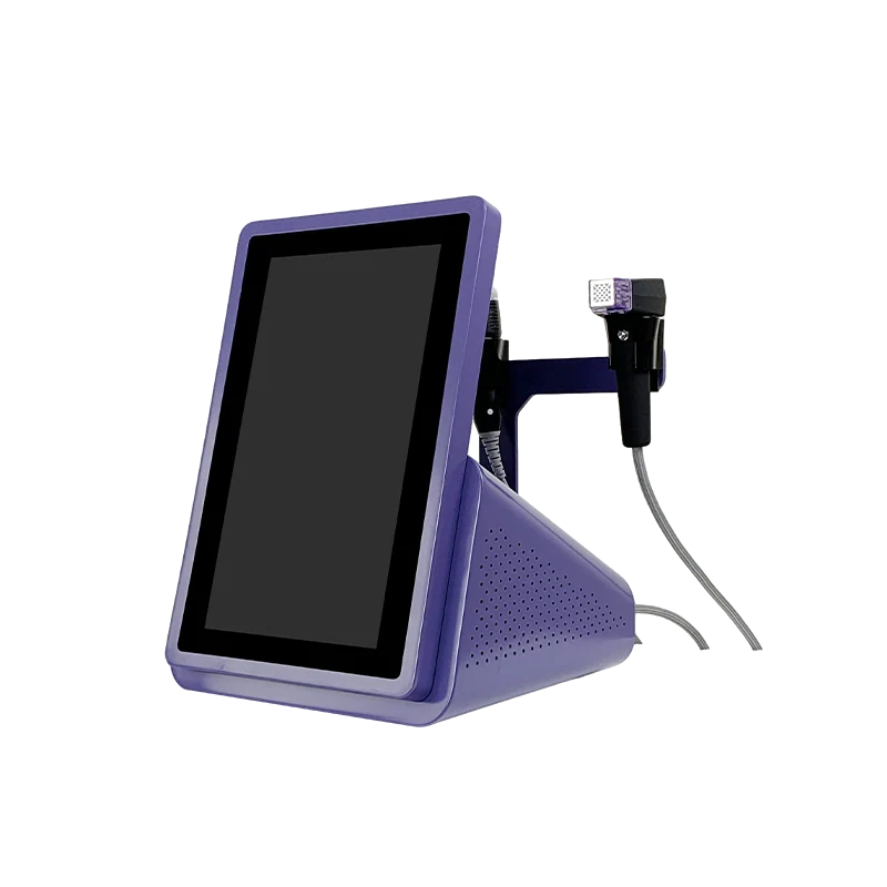 Transparent-background three-quarter view of the compact purple LX-FM-011 fractional RF microneedling console