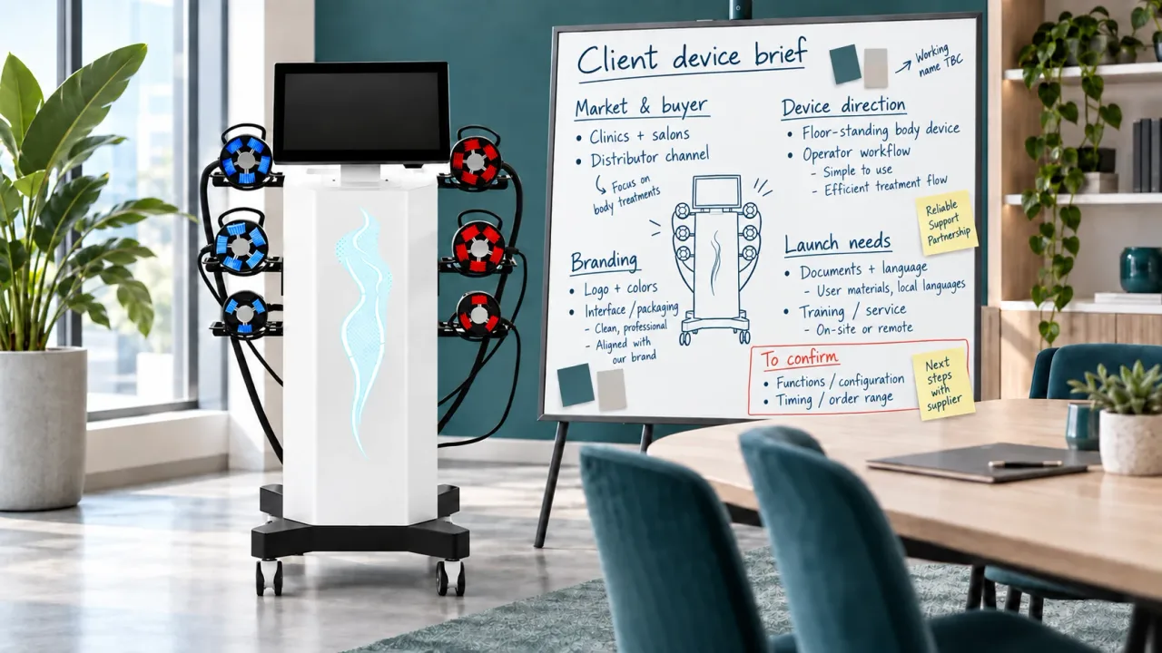 Floor-standing body aesthetic device beside a whiteboard outlining a customer OEM and private label device brief