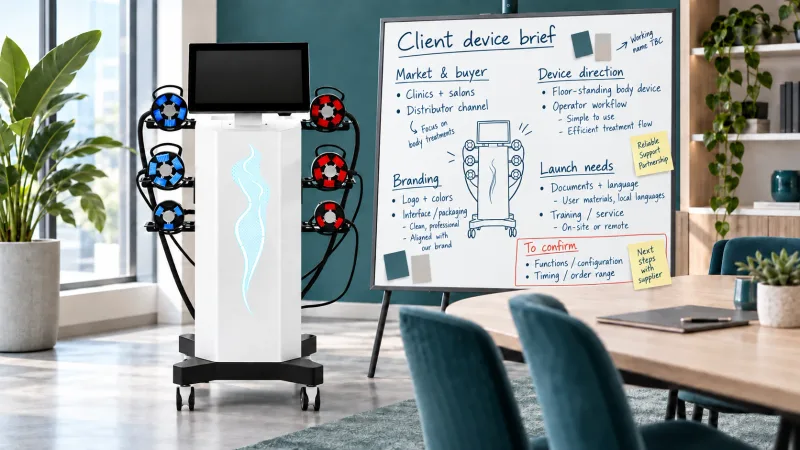 Floor-standing body aesthetic device beside a whiteboard outlining a customer OEM and private label device brief