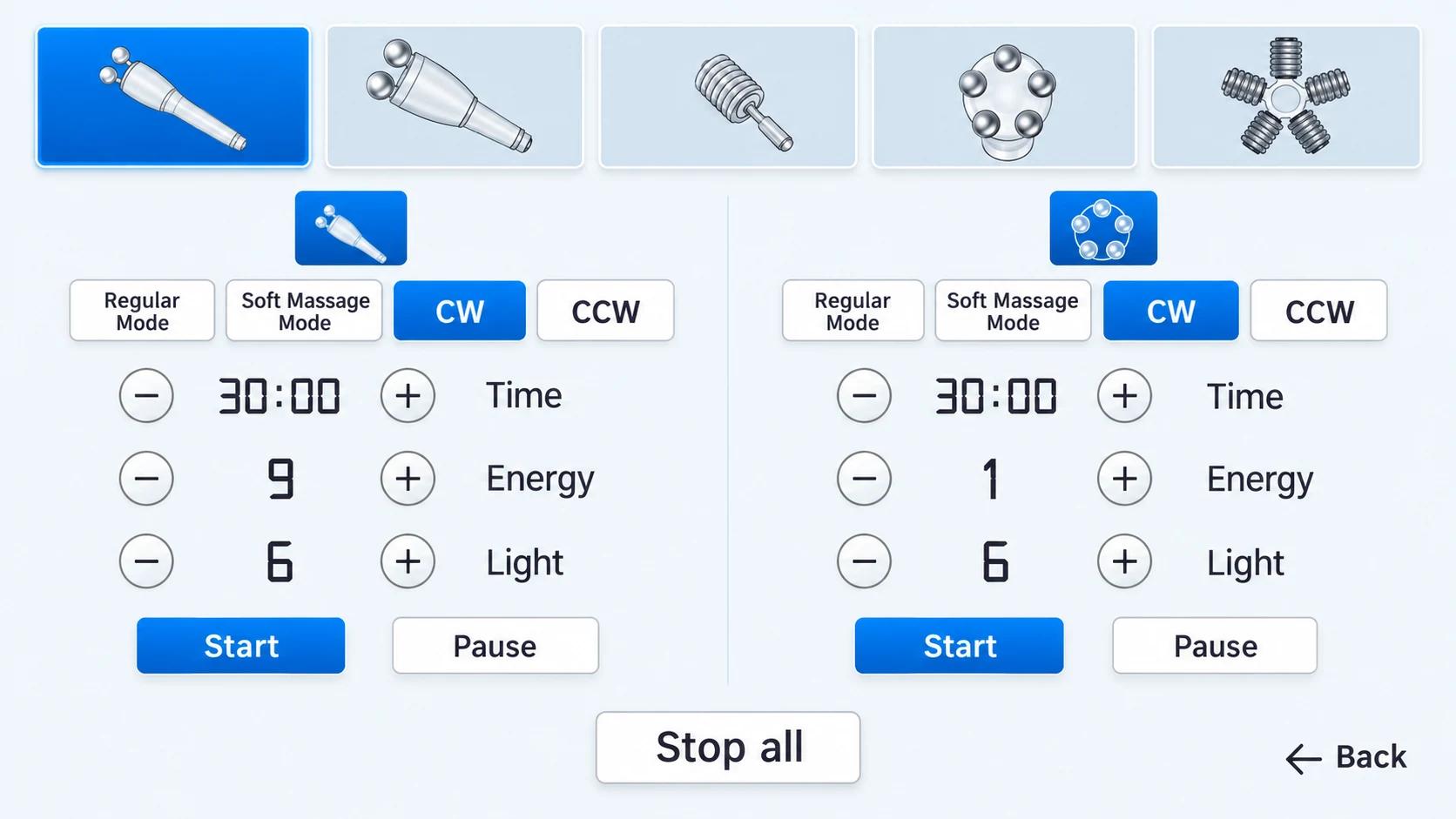 LX-CB-008 five-handpiece interface with paired inner-ball and mechanical-roller controls