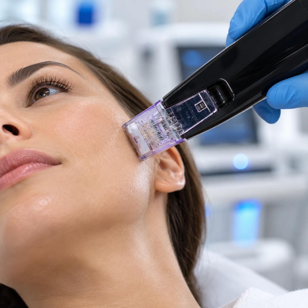 Professional fractional RF microneedling applicator positioned against a client’s cheek during a facial treatment