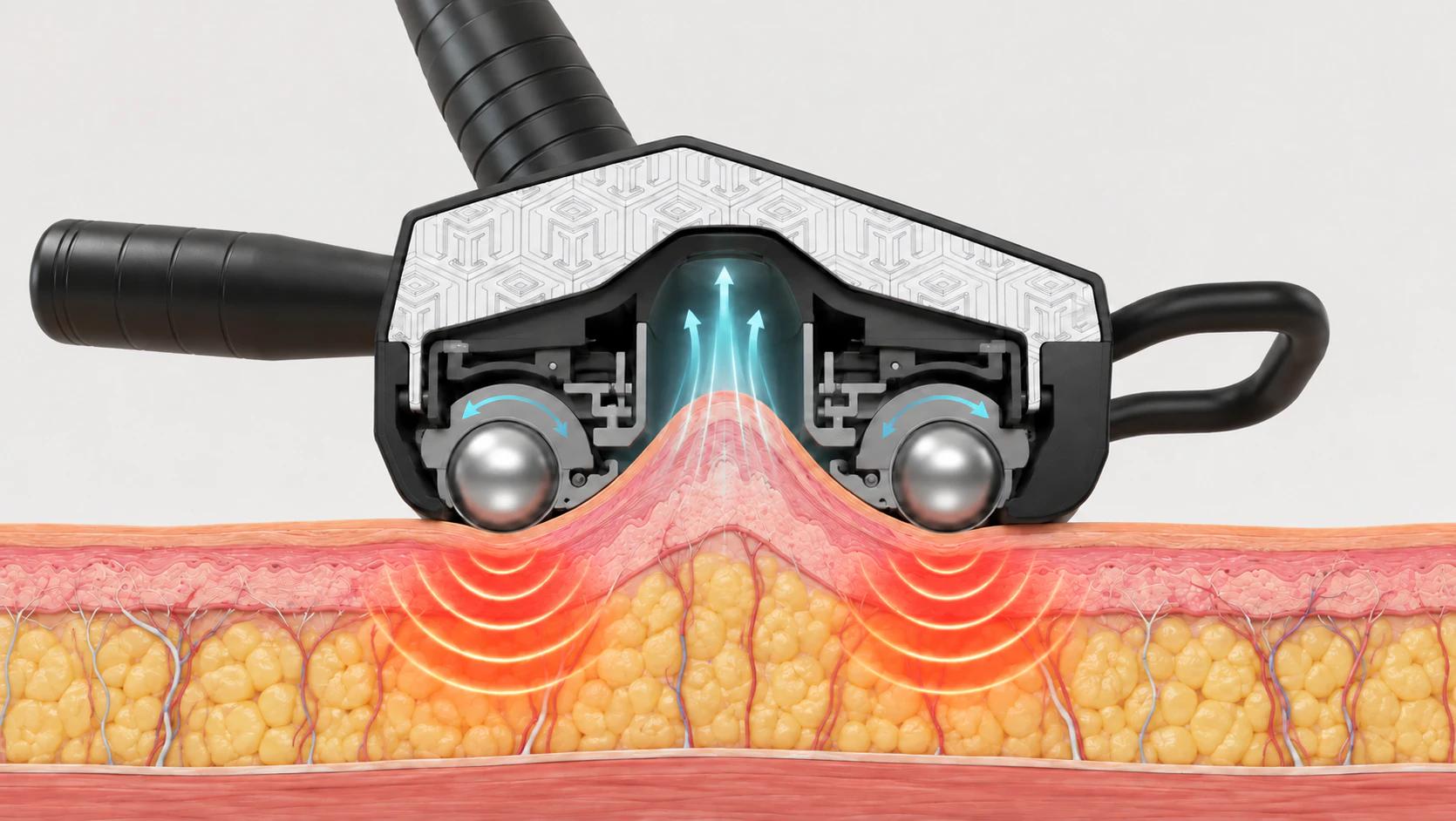 Cutaway illustration of the Vela handpiece using dual rollers, pulsed vacuum, RF and infrared energy across the skin layers