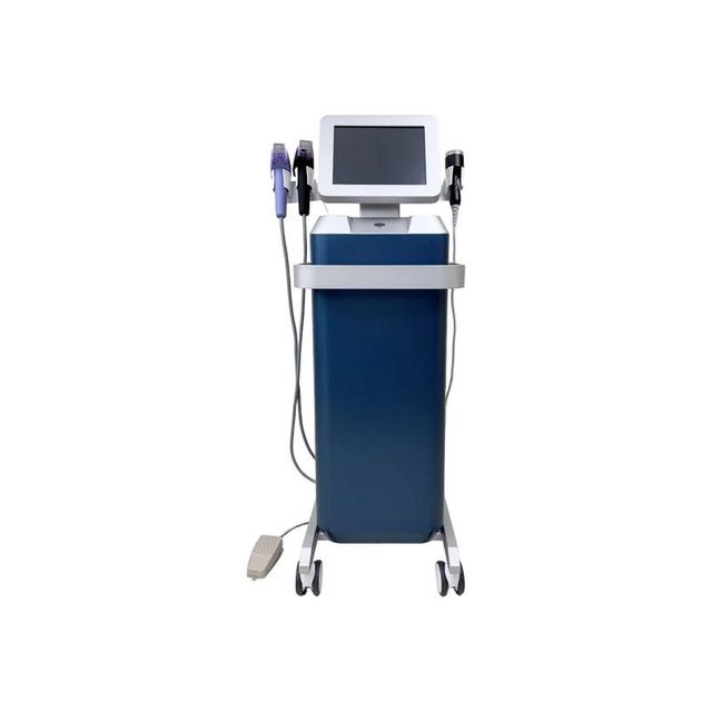 Floor-standing fractional RF microneedling machine with touchscreen, face and body handpieces, and cold hammer