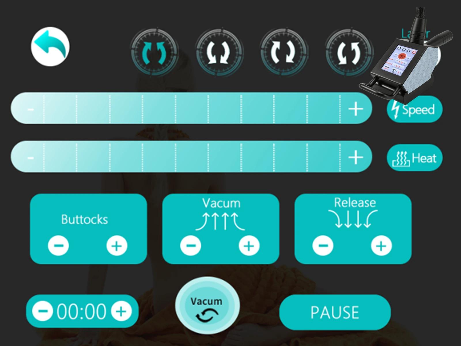 Full-canvas Vela operation interface with a transparent lit-screen RF vacuum handpiece overlay