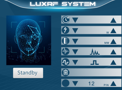 LX-FM-010 face treatment interface with controls for time, RF energy, depth, shot mode, shot count and active tip