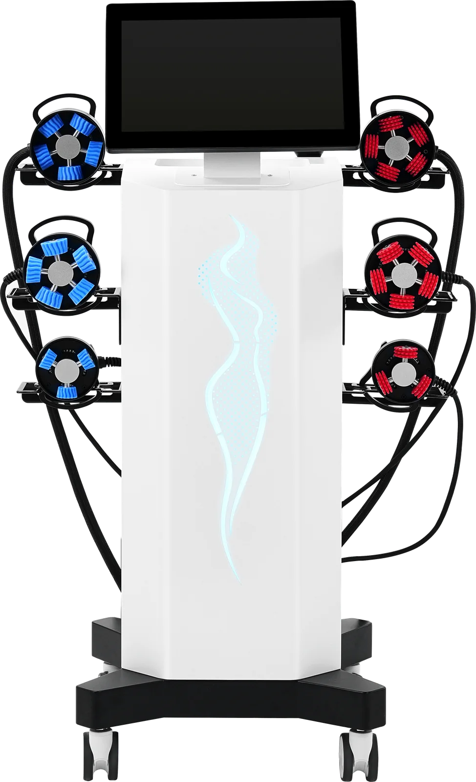 Front view of the Luxient LX-CB-002 console with six body handpieces mounted on its side holders