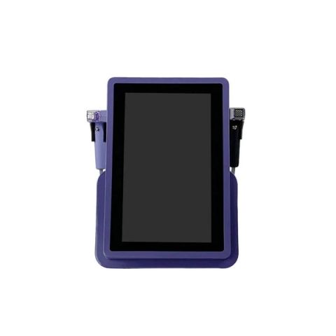 Front view of the purple compact tabletop fractional RF microneedling console with two RF applicators in side holders