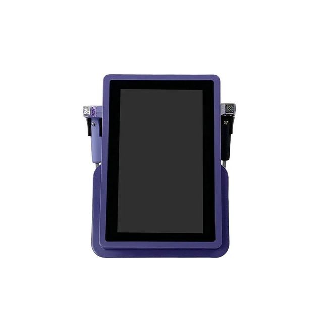 Front view of the purple compact tabletop fractional RF microneedling console with two RF applicators in side holders