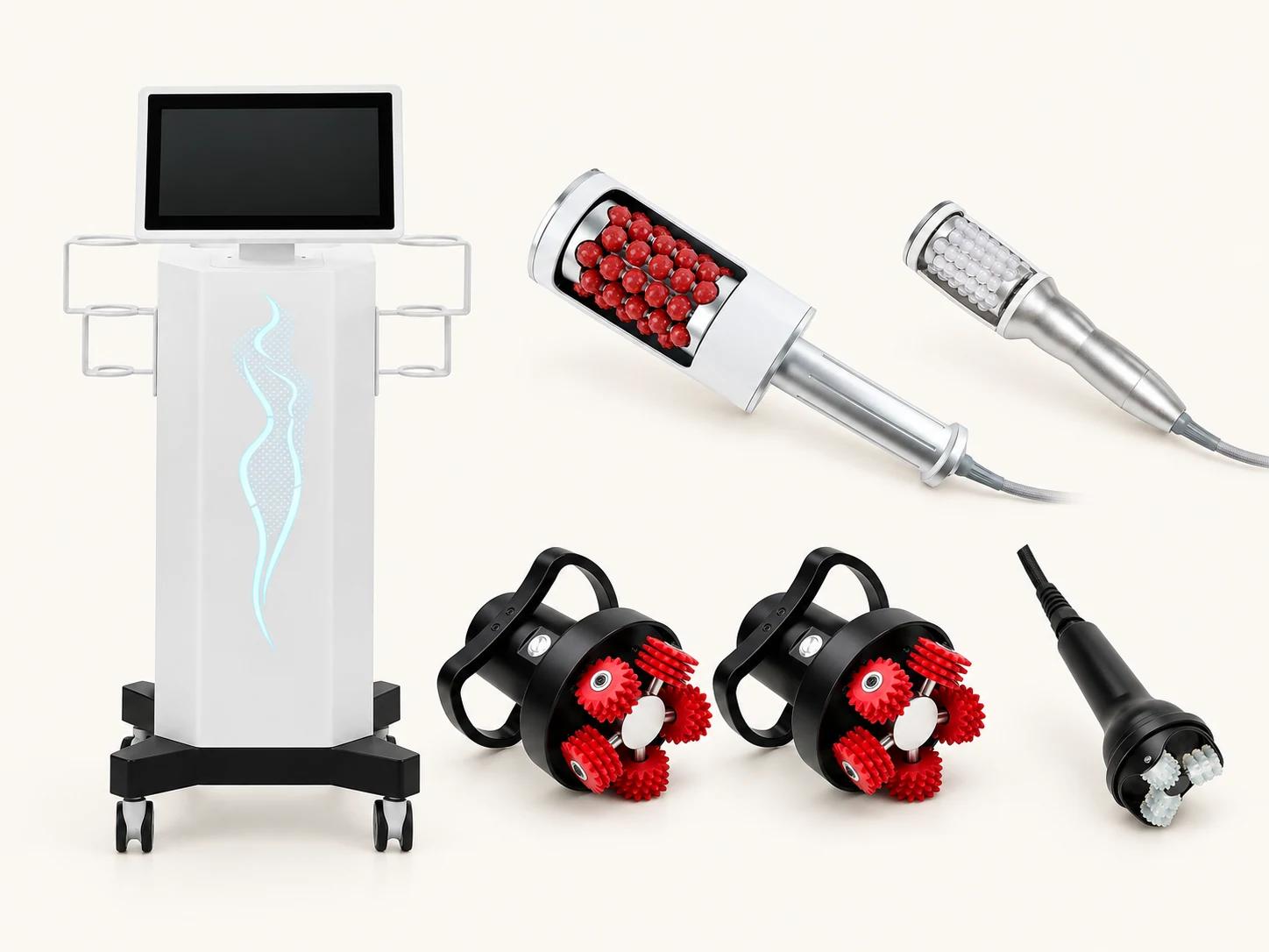 LX-CB-008 standard configuration with one bare console, large and small inner-ball handpieces, two large non-vacuum five-roller body handpieces and one facial precision roller