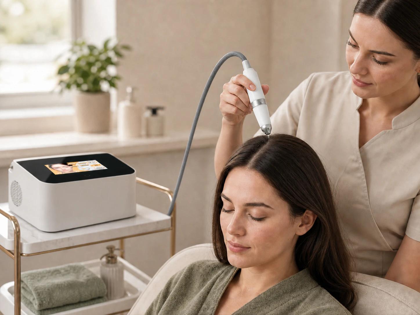 Compact LX-FM-002 needle-free serum applicator used for a targeted scalp-care workflow