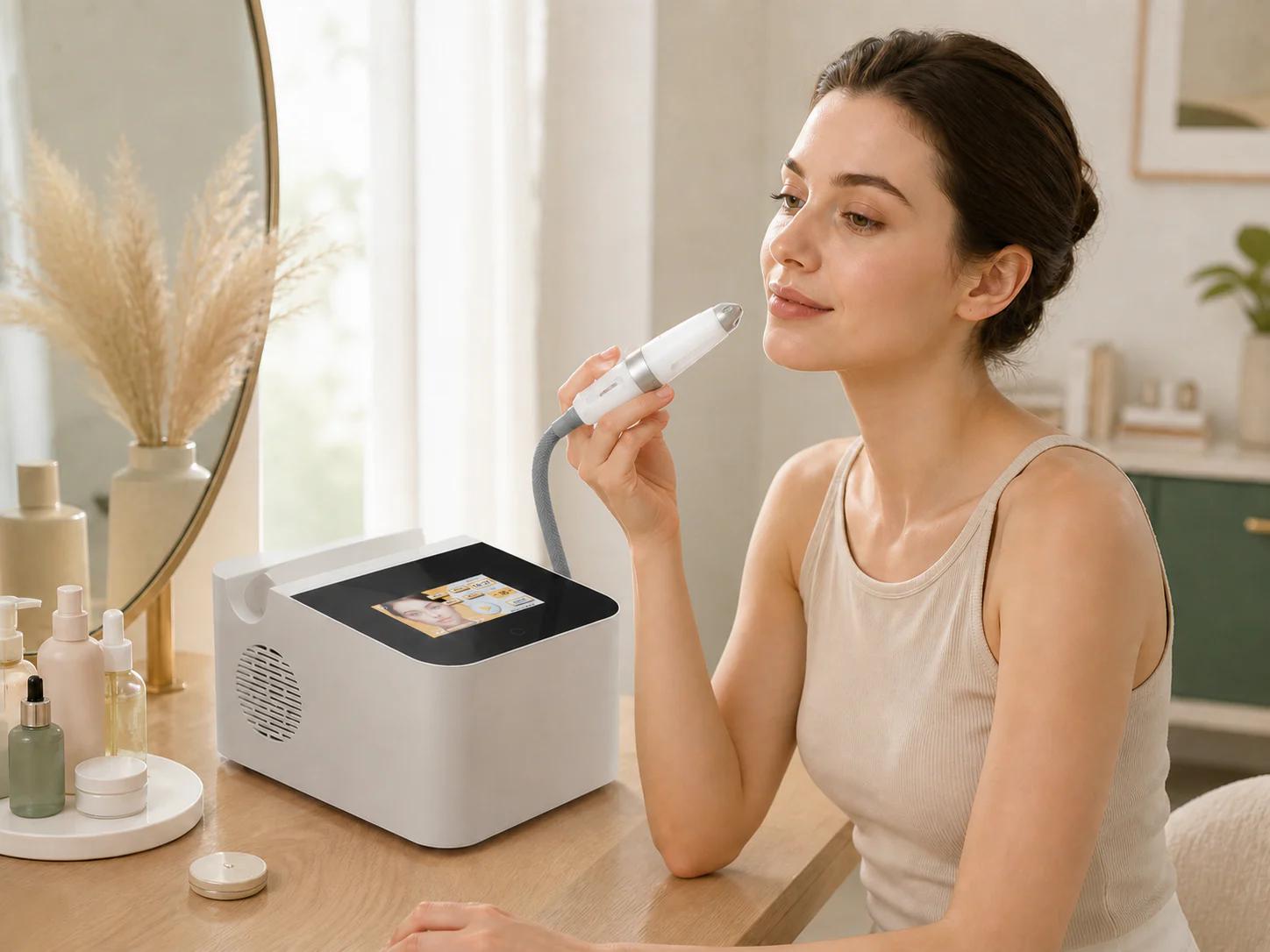 LX-FM-002 compact needle-free serum infusion machine used in a home beauty-care setting