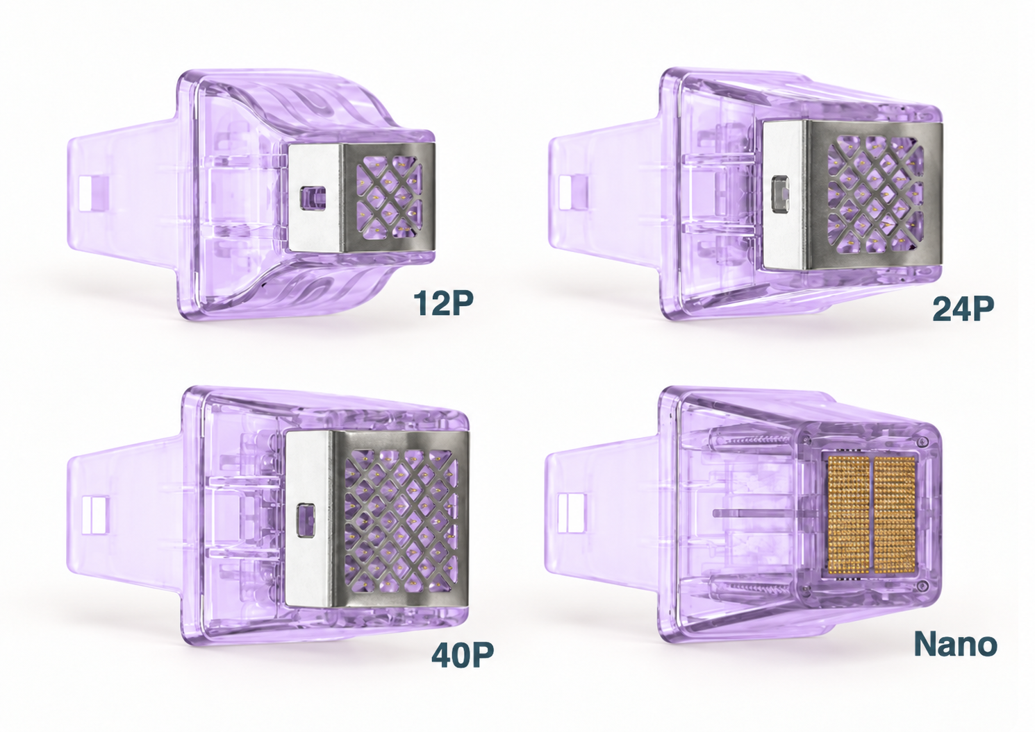 Four RF microneedling cartridges individually labeled 12P, 24P, 40P and Nano