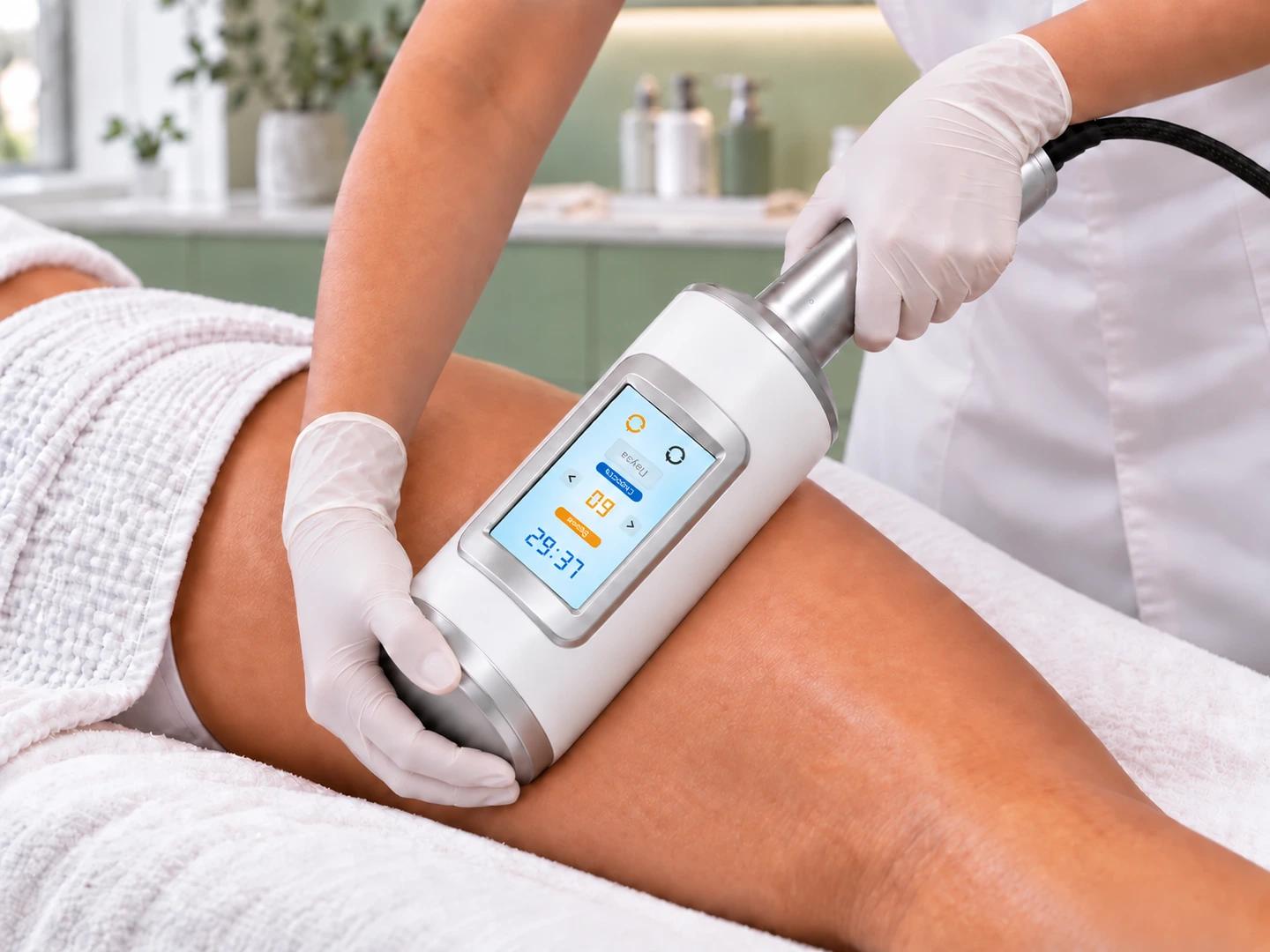 Professional ENDO compression roller positioned perpendicular to the thigh with illuminated controls oriented toward the therapist
