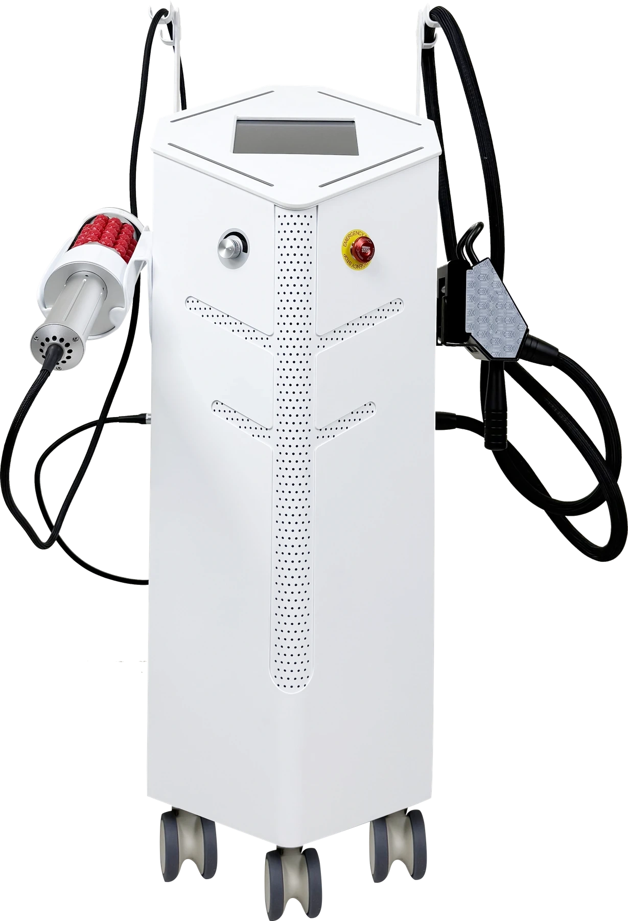 Transparent-background front view of the LX-CB-003 body contouring machine with ENDO and logo-free Vela handpieces