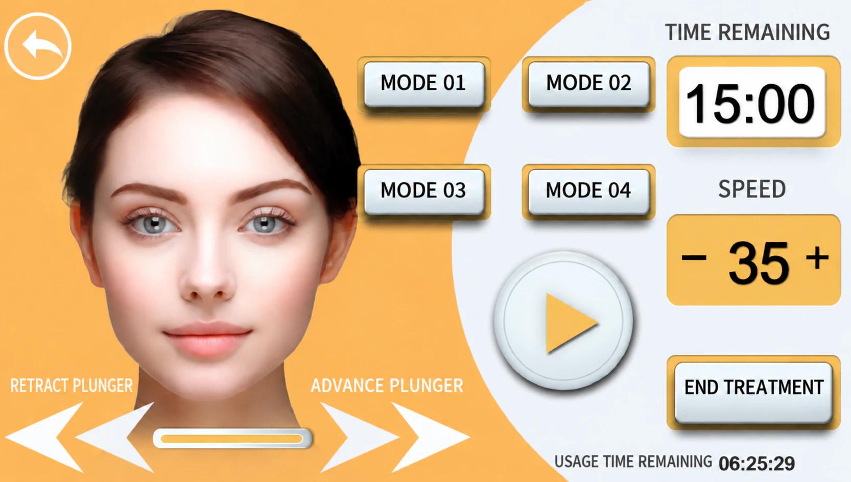 English LX-FM-002 operating interface with four delivery modes, treatment time, speed and plunger controls