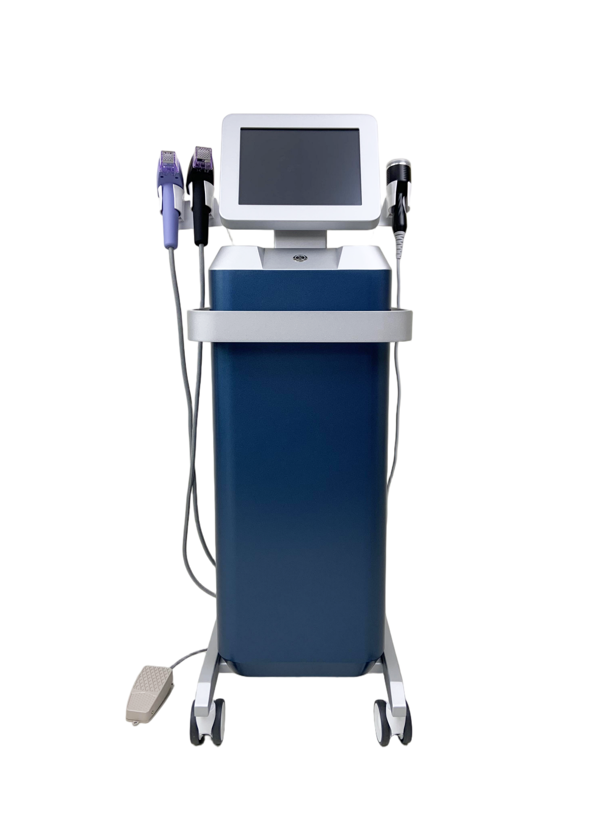 Transparent-background front view of the LX-FM-010 fractional RF microneedling system with two applicators and a cold hammer