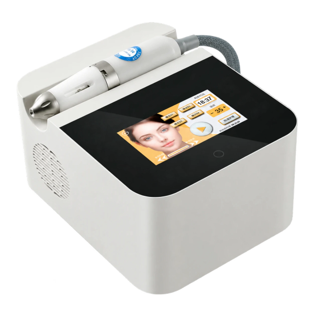 Compact white needle-free serum infusion machine with touchscreen and integrated handpiece cradle