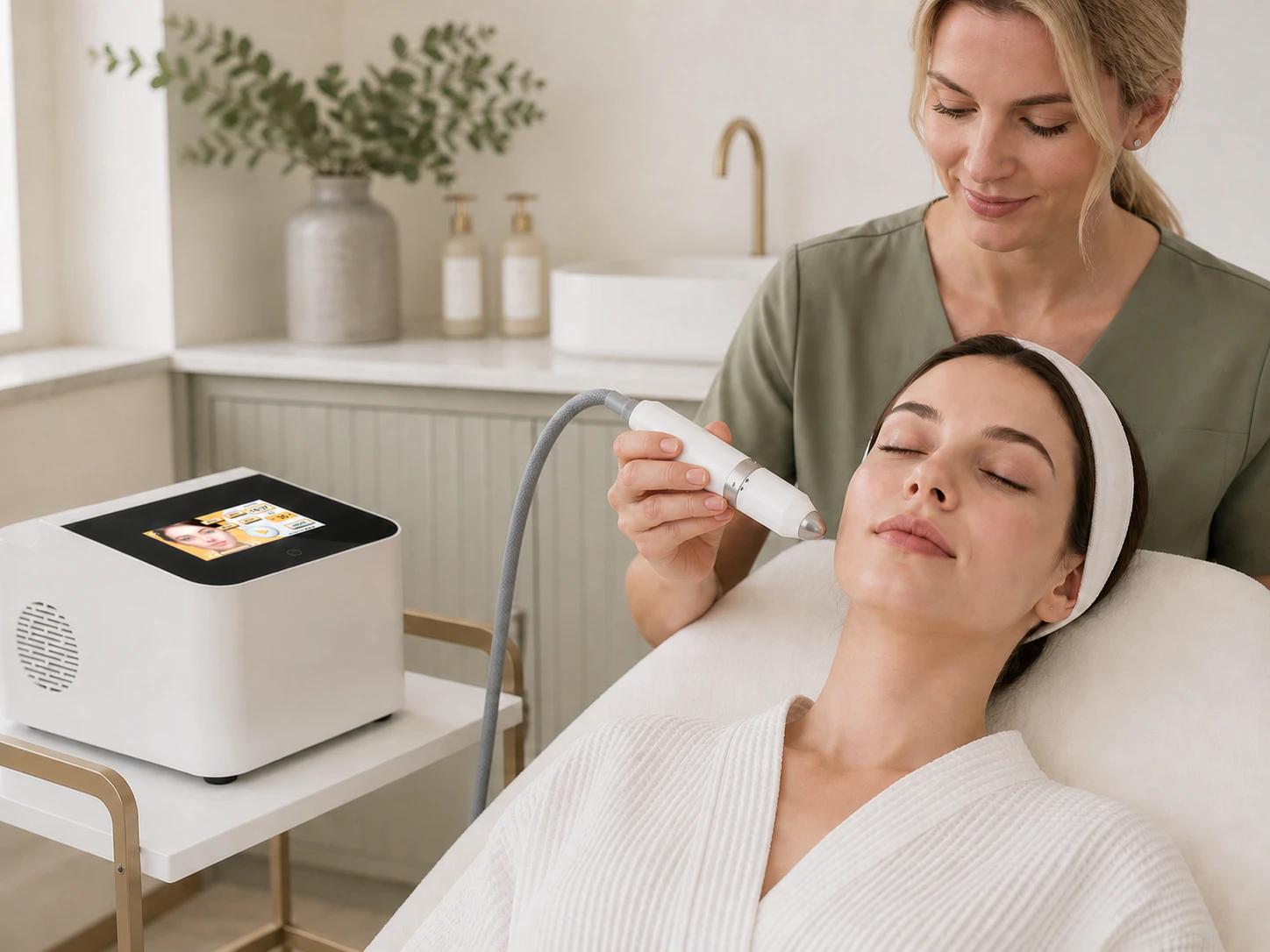 Compact LX-FM-002 needle-free serum applicator used during a professional facial care session