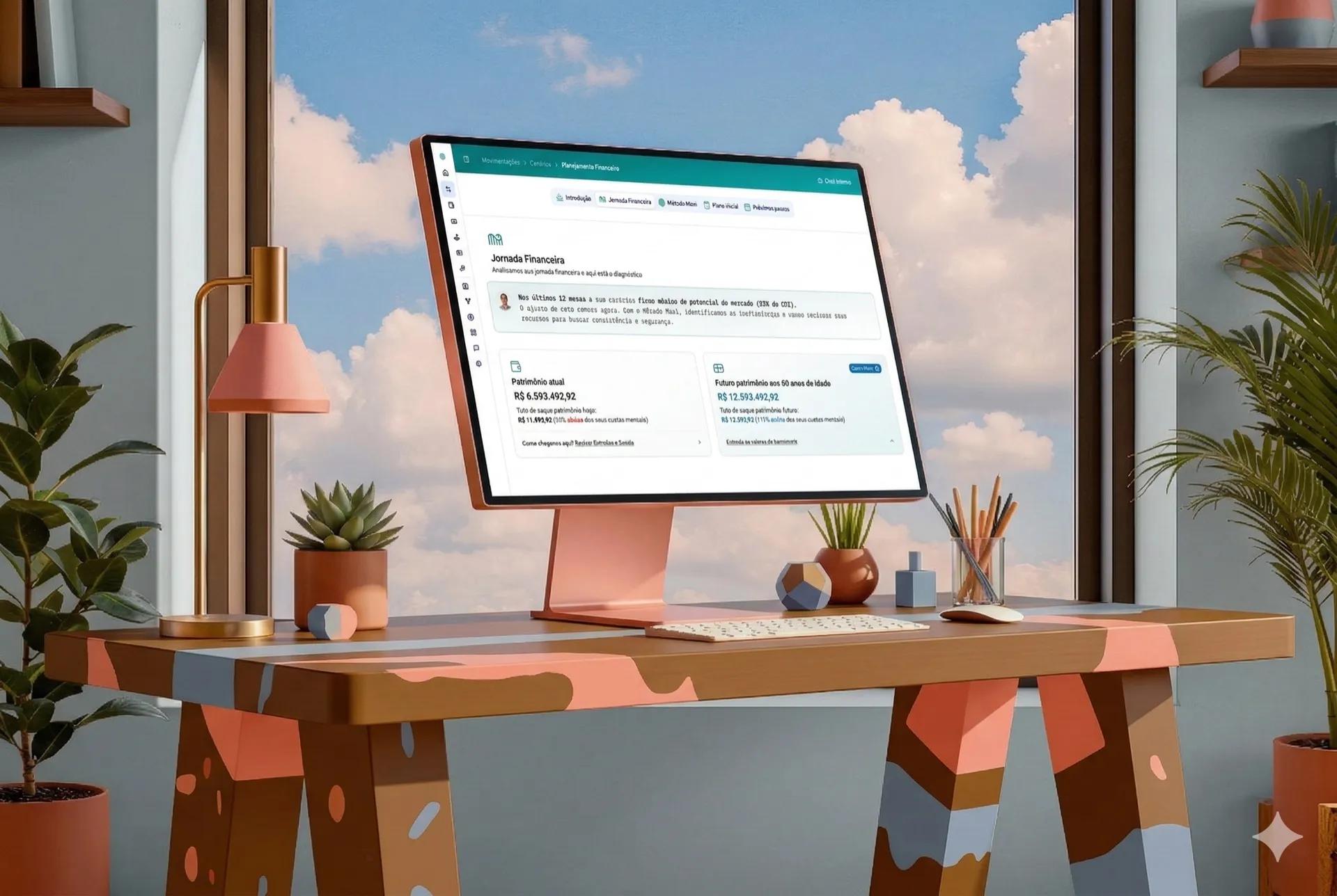 Computador numa mesa de trabalho exibindo o diagnóstico da jornada financeira na plataforma da Mgmt