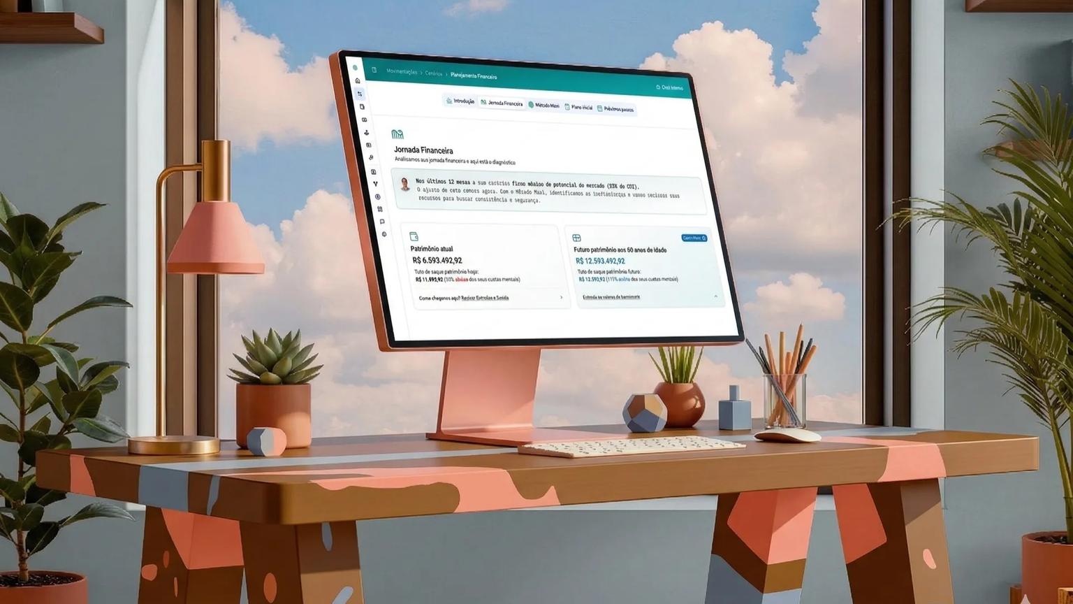 Computador numa mesa de trabalho exibindo o diagnóstico da jornada financeira na plataforma da Mgmt
